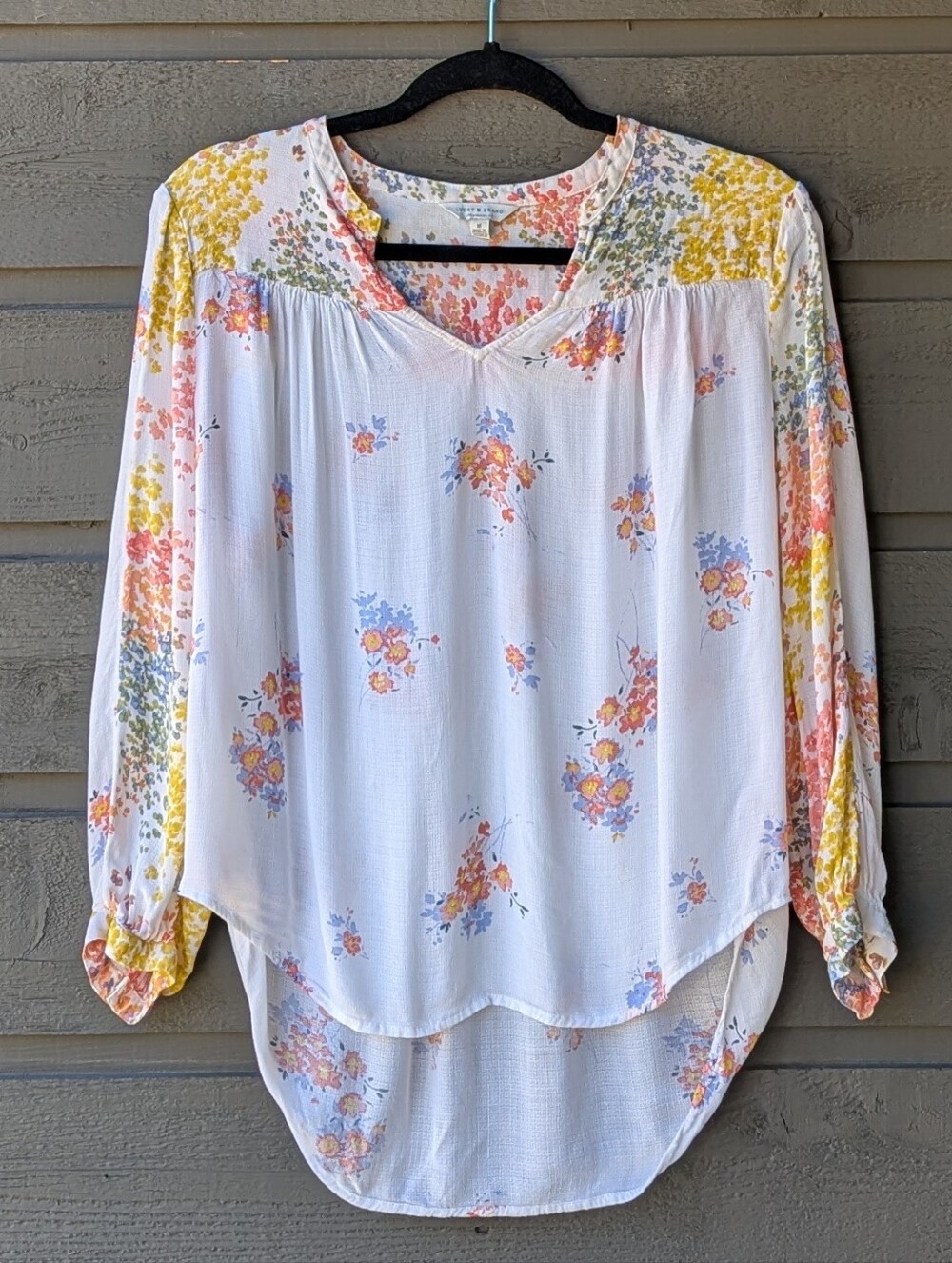 Lucky Brand Boho Springtime Floral Long Sleeve Peasant Blouse White Size Medium